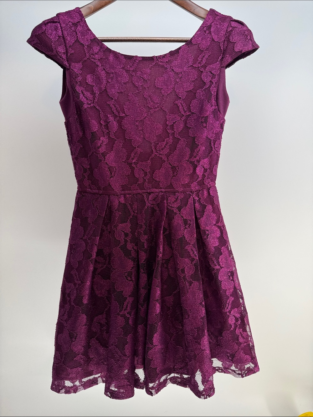 Arden B Plum Lace Cap-Sleeve Fit-and-Flare Dress